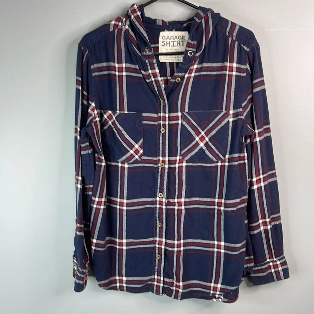 GARAGE Boyfriend Fit Plaid Hooded Flannel Shirt Navy Blue Burgundy White Size M - Picture 13 of 13